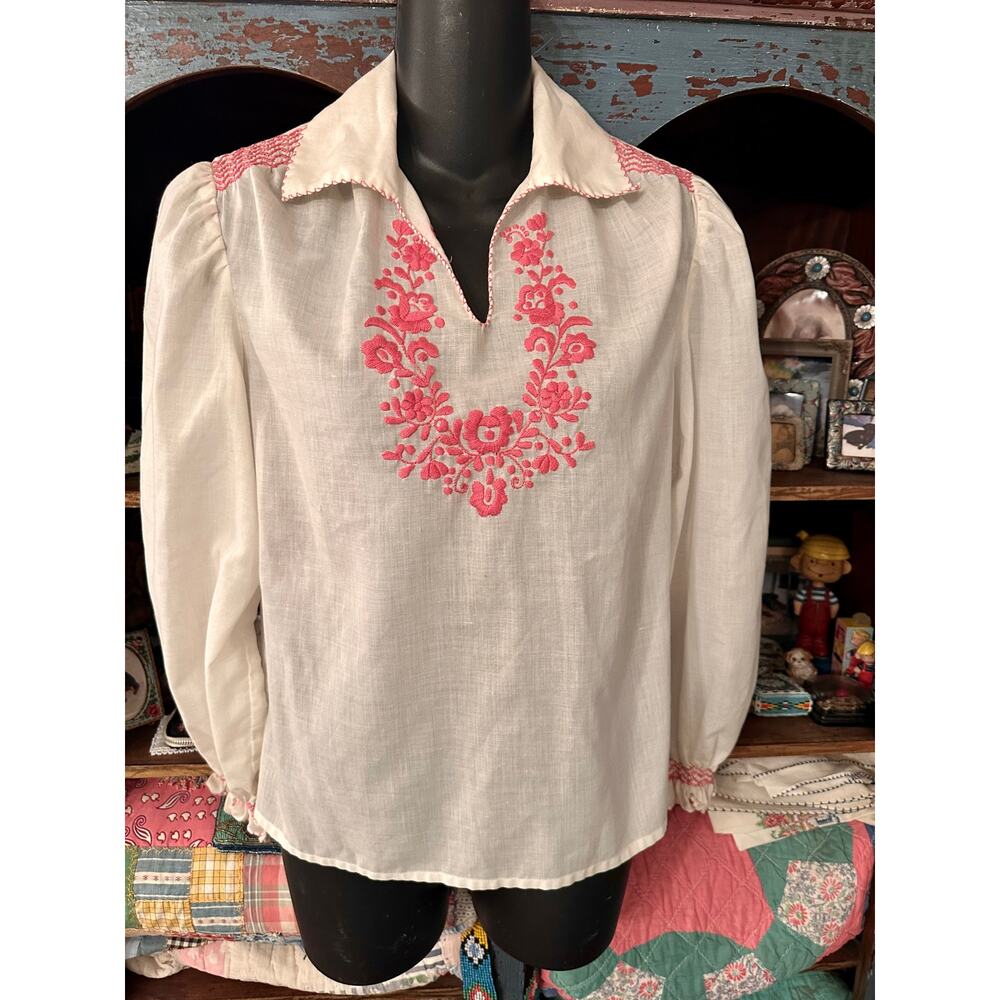 VINTAGE LONG SLEEVED PINK EMBROIDERY HUNGARIAN PEASANT BLOUSE TOP